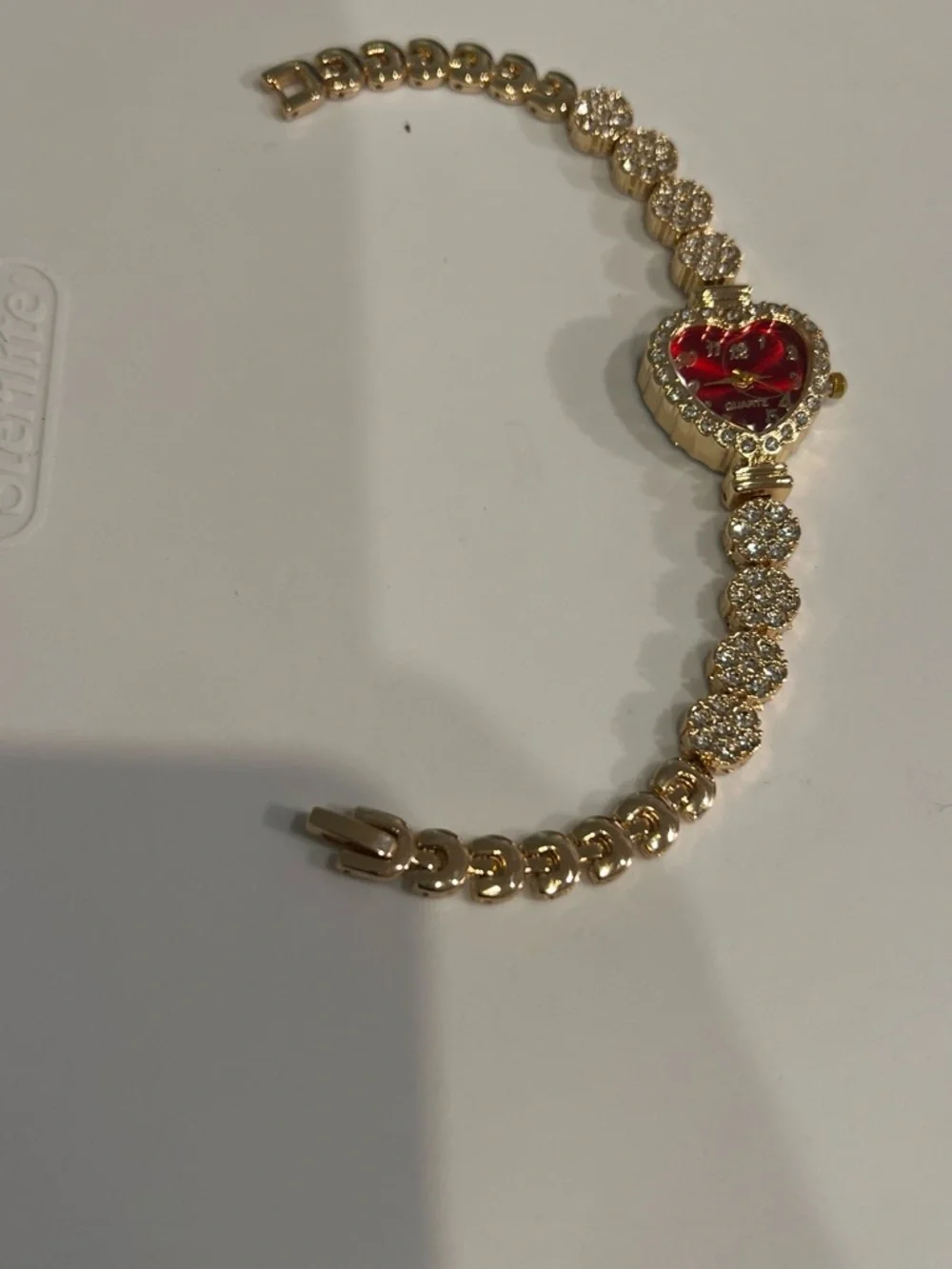 Gold-Tone Heart Bracelet Watch with Red Dial